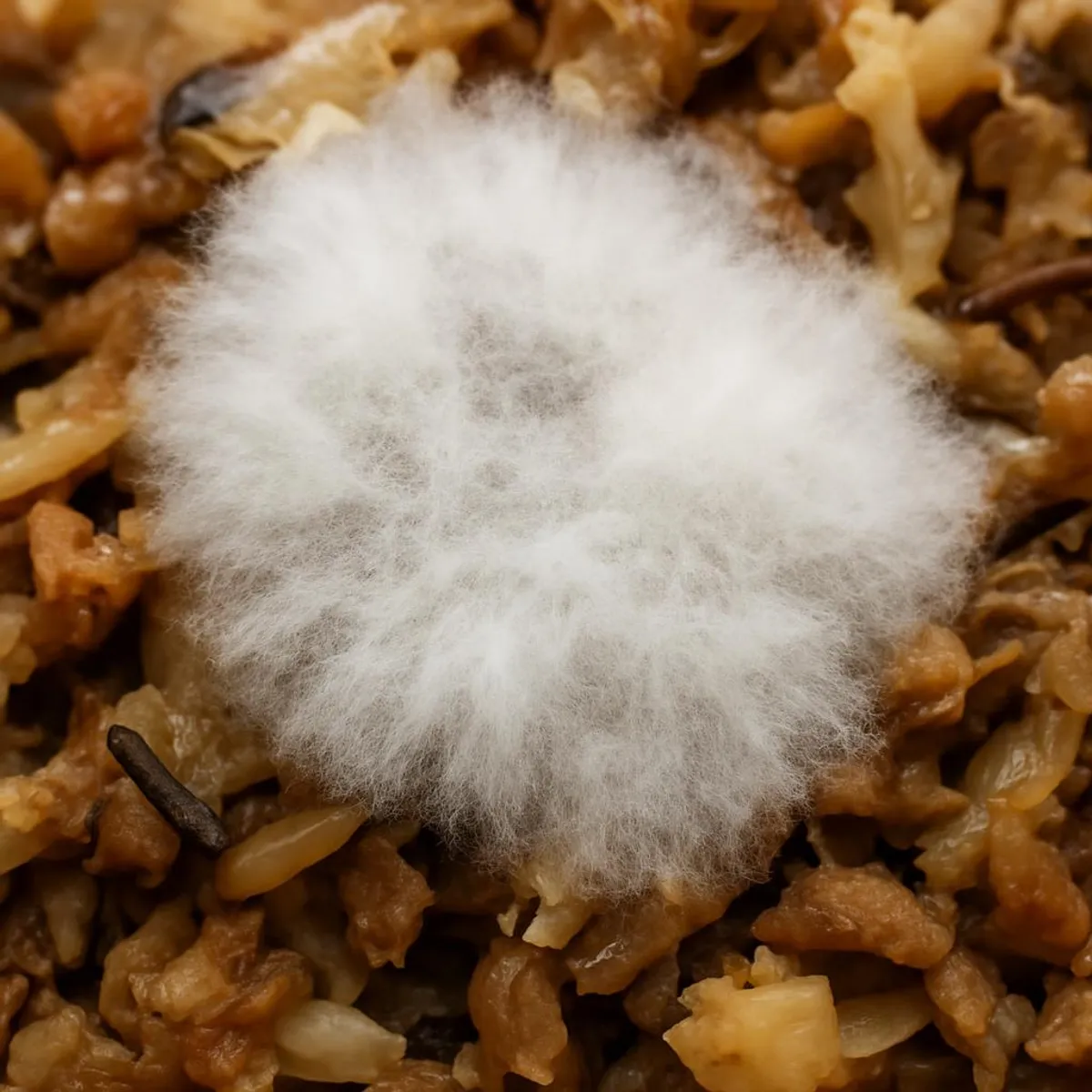 Close-up of healthy white mold indicative of bokashi fermentation