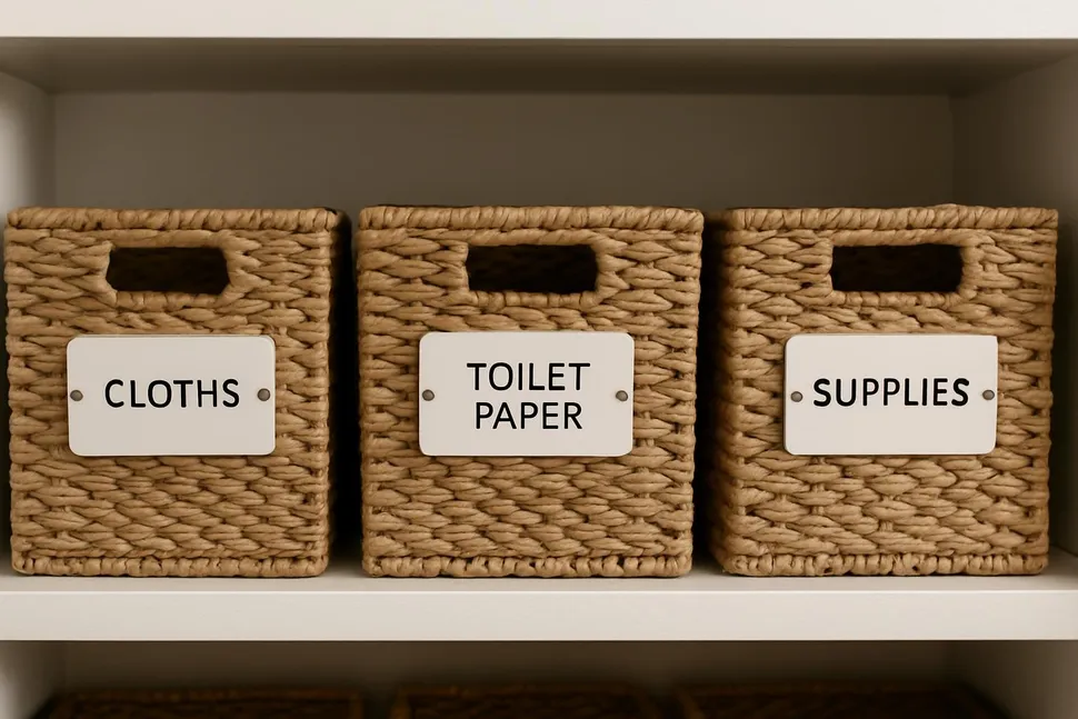 Close-up of labeled baskets on a shelf