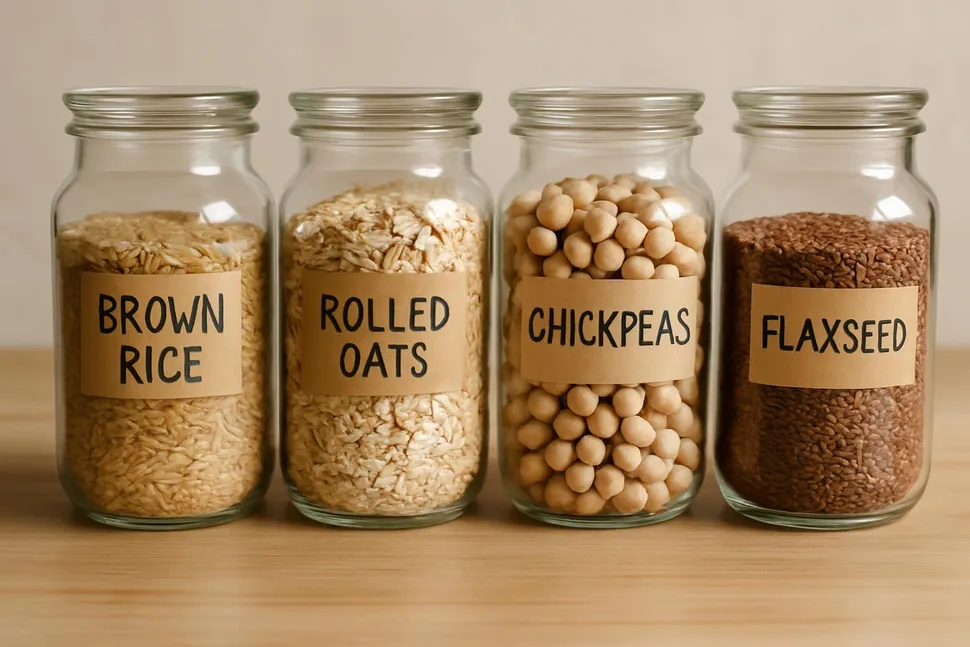 Close-up of labeled glass jars with grains and seeds
