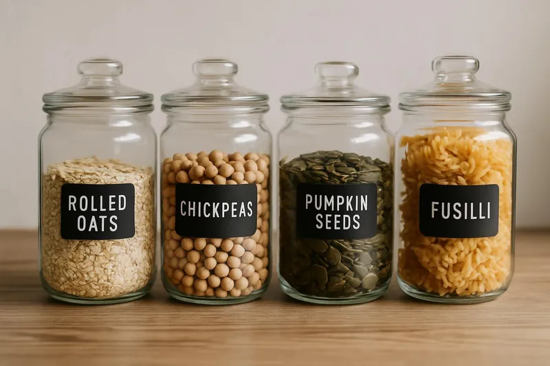 Close-up of labeled glass jars with purchased bulk food items