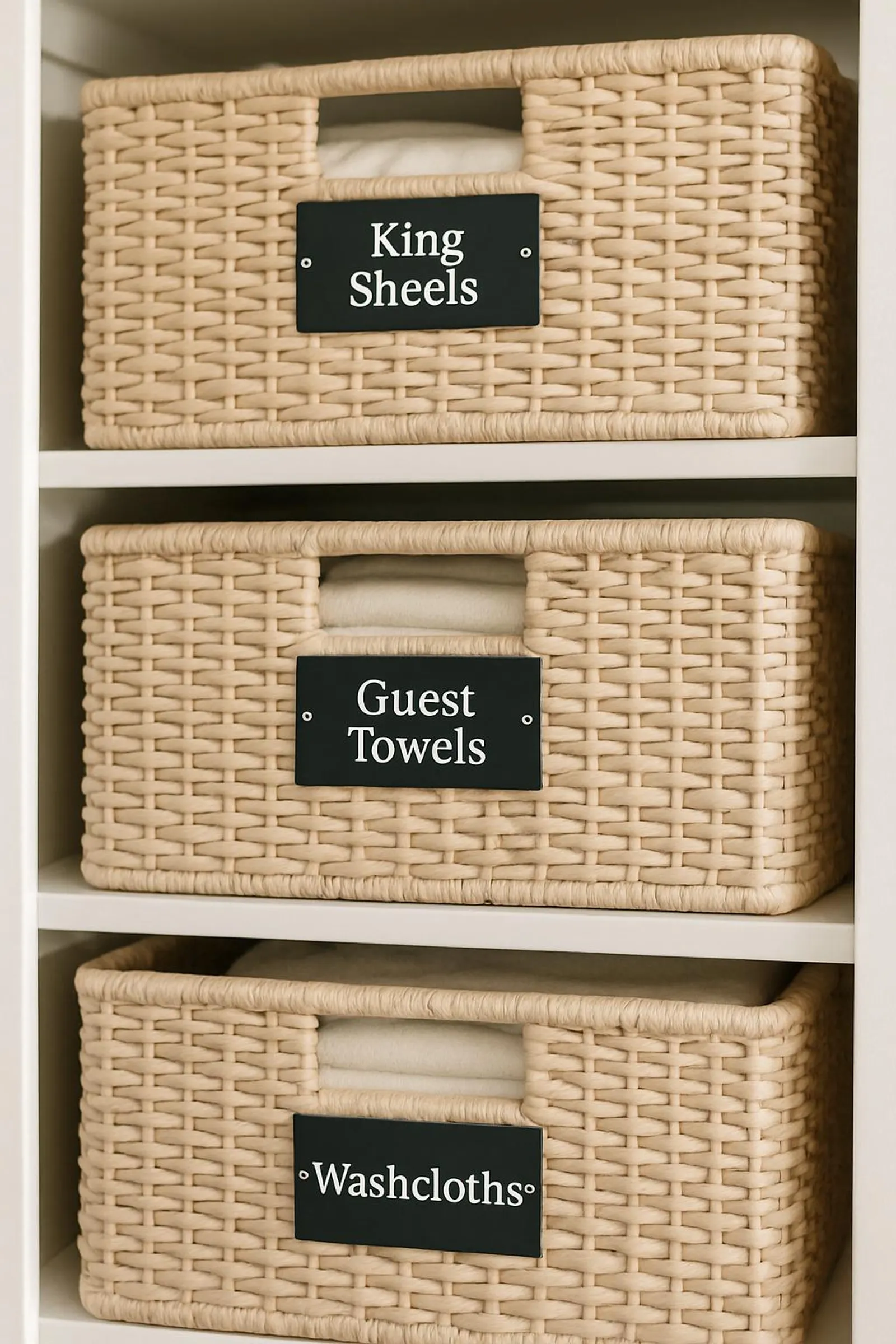 Close-up of labeled linen closet baskets: King Sheets, Guest Towels, Washcloths