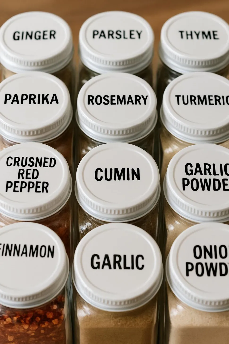 Close-up of labeled spice jar tops for quick identification