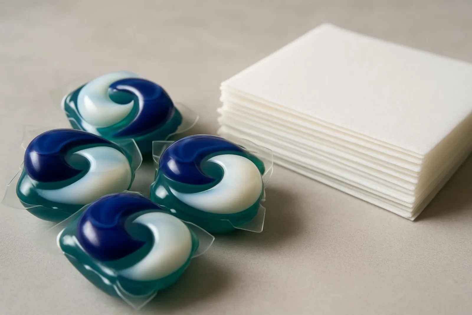 Close-up of laundry detergent pods and sheets side by side.