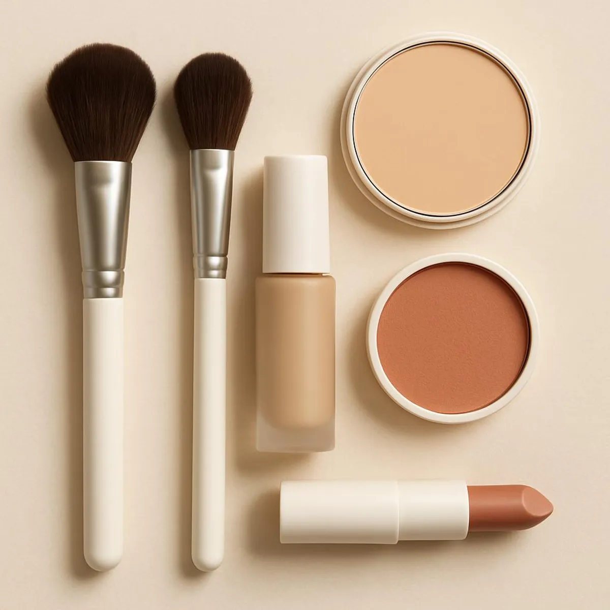 Close-up of minimalist makeup selection and clean brushes