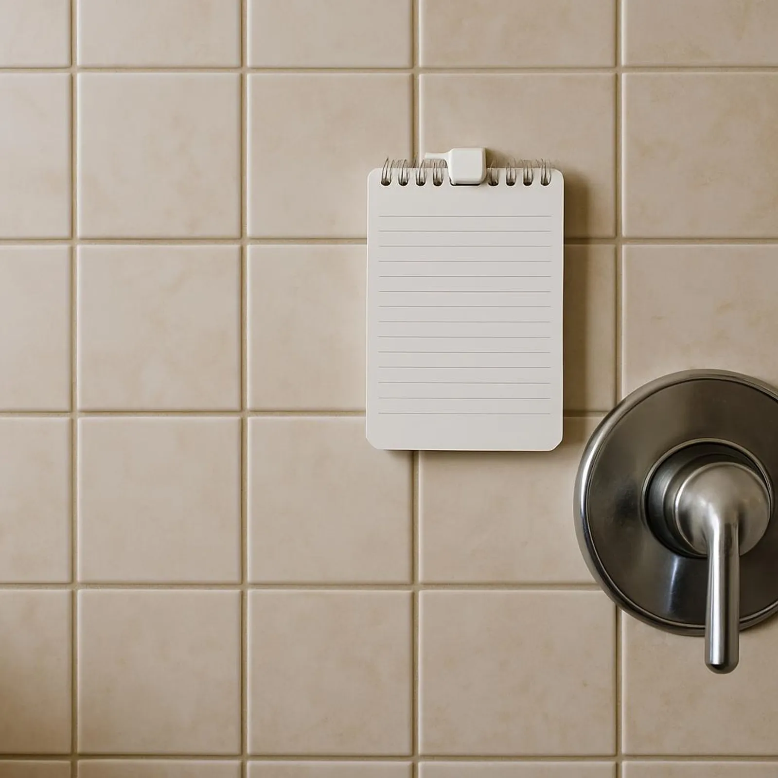 Close-up of shower tiles with a notepad attached