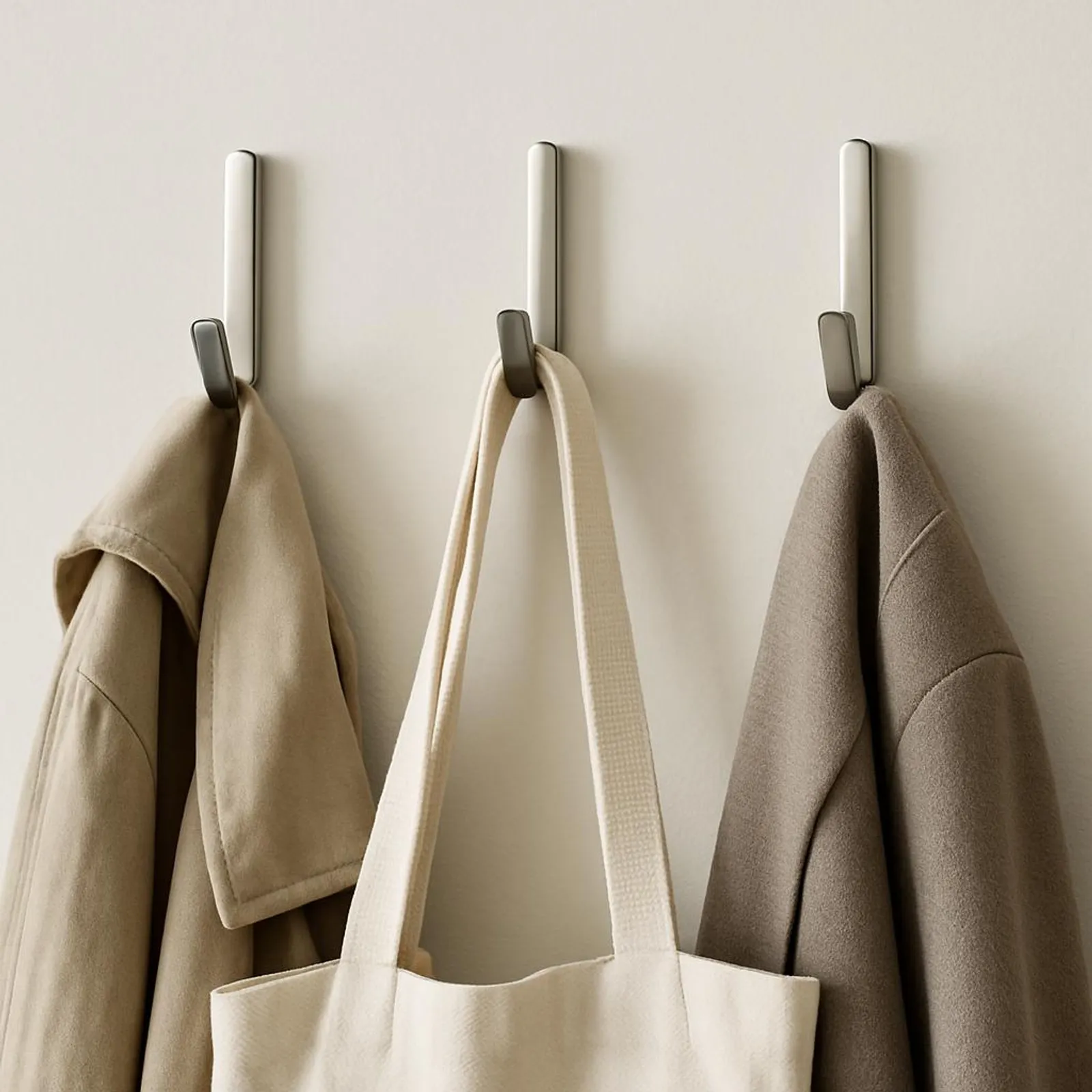 Close-up of slim wall hooks with neutral coats and a tote bag