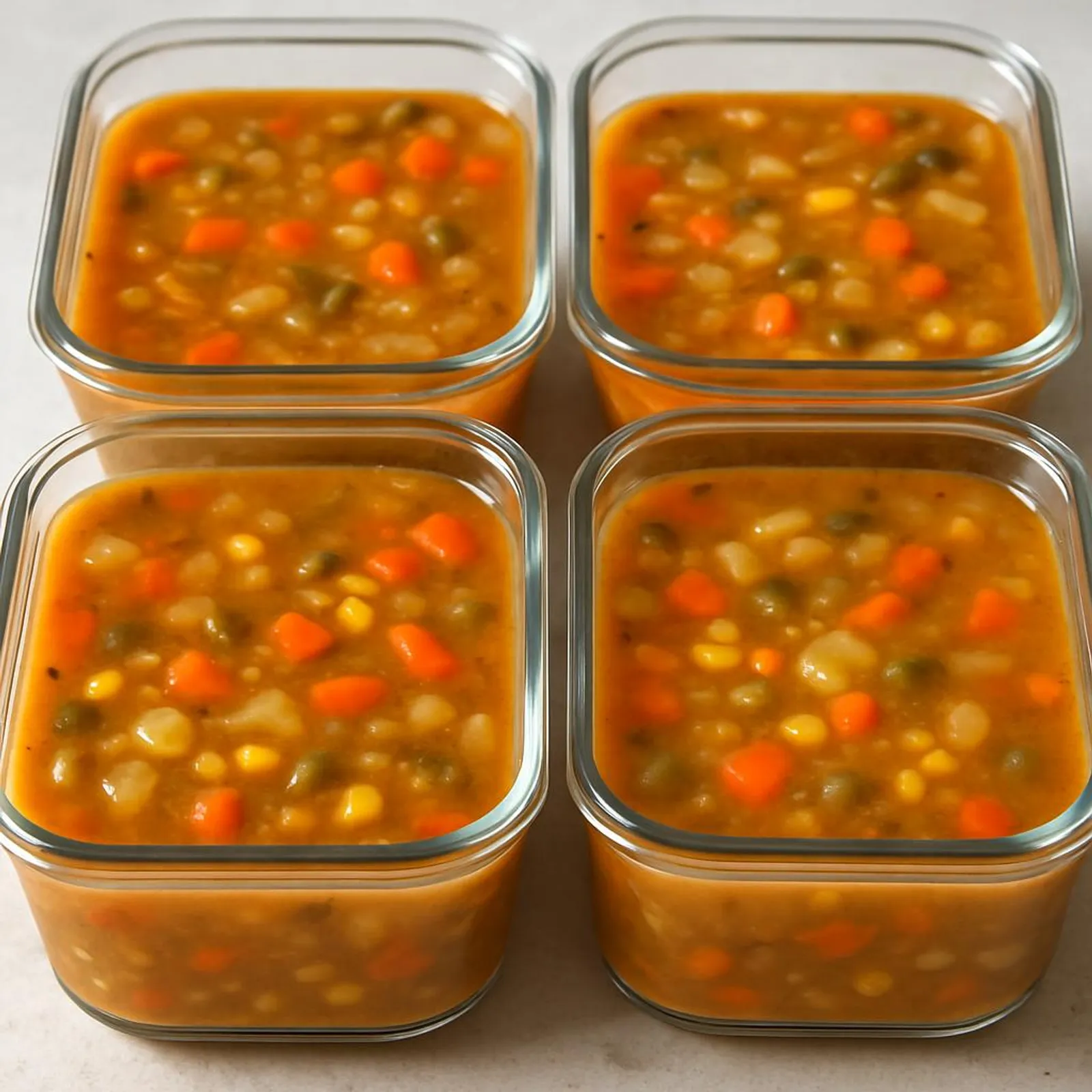 Close-up of soup portioned in glass containers ready for freezing