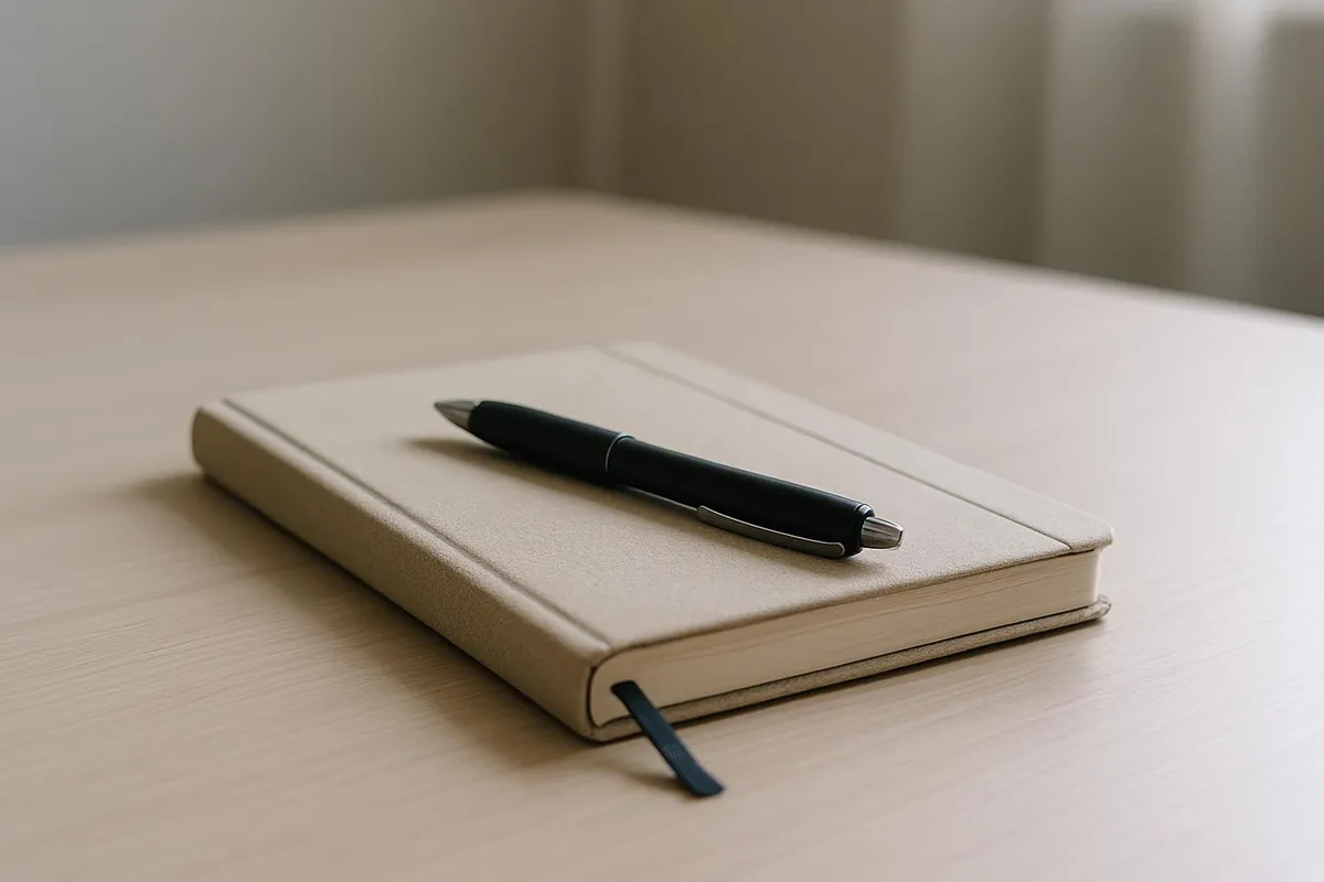 Closed notebook and pen on a clean desk, ready for tomorrow