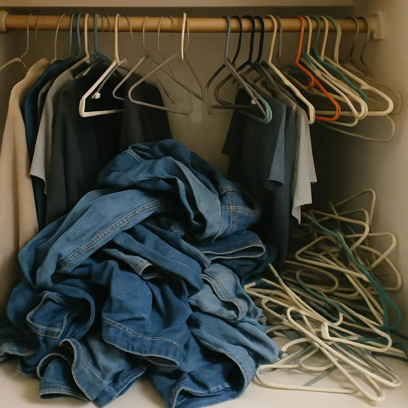 Closet clutter with jeans and hangers