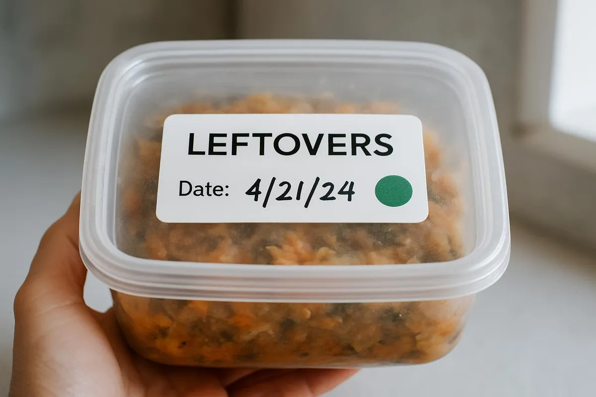 Closeup of a labeled freezer leftovers container with date and category color dot