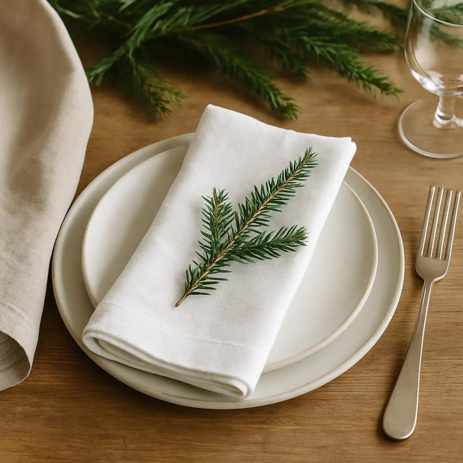 Cloth napkins, simple ceramic plates, and greenery for a minimal holiday setting