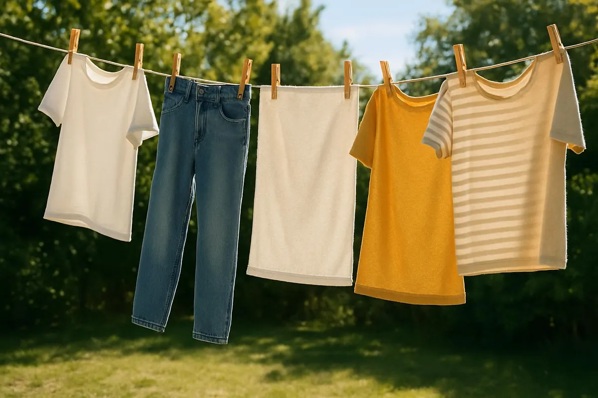 Cloths drying on a line outdoors in sunlight
