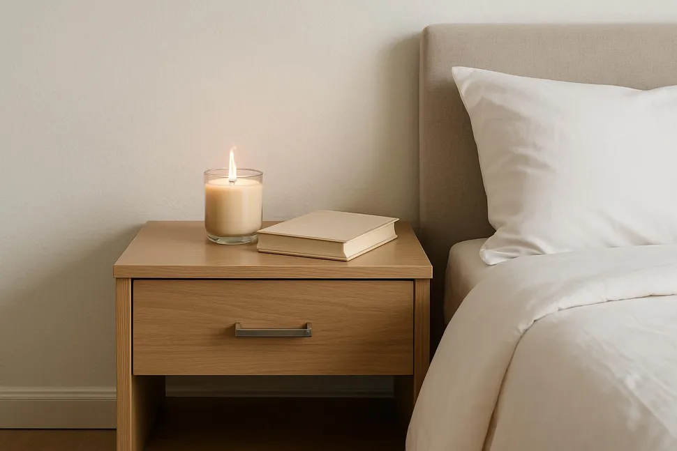 Clutter-free bedroom nightstand with a candle and book