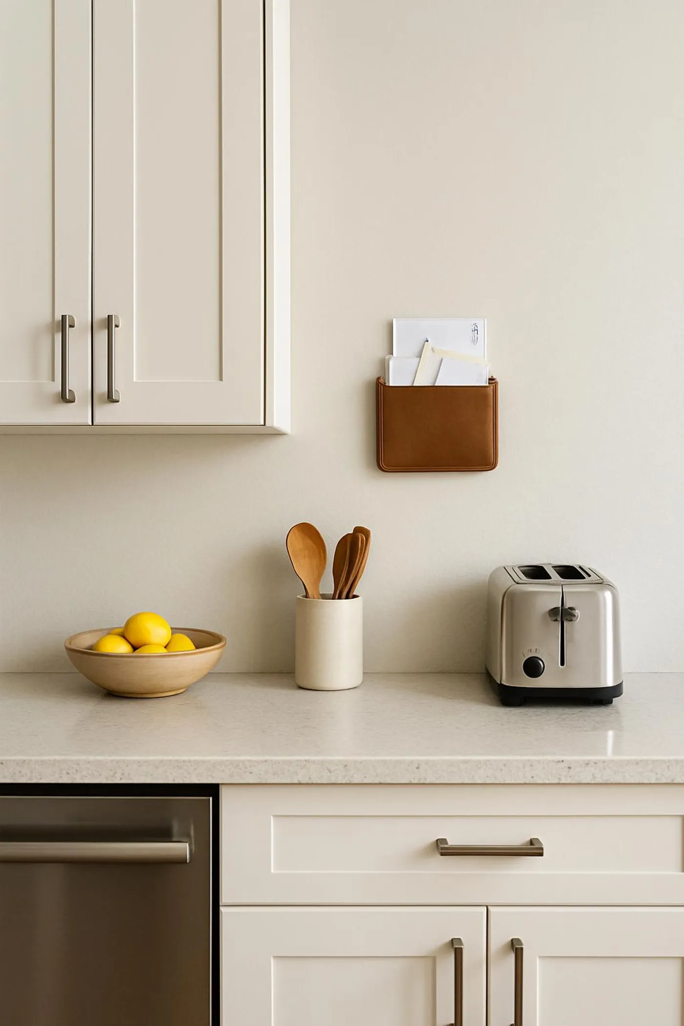 Clutter-free kitchen counter with a small wall-mounted mail pocket.