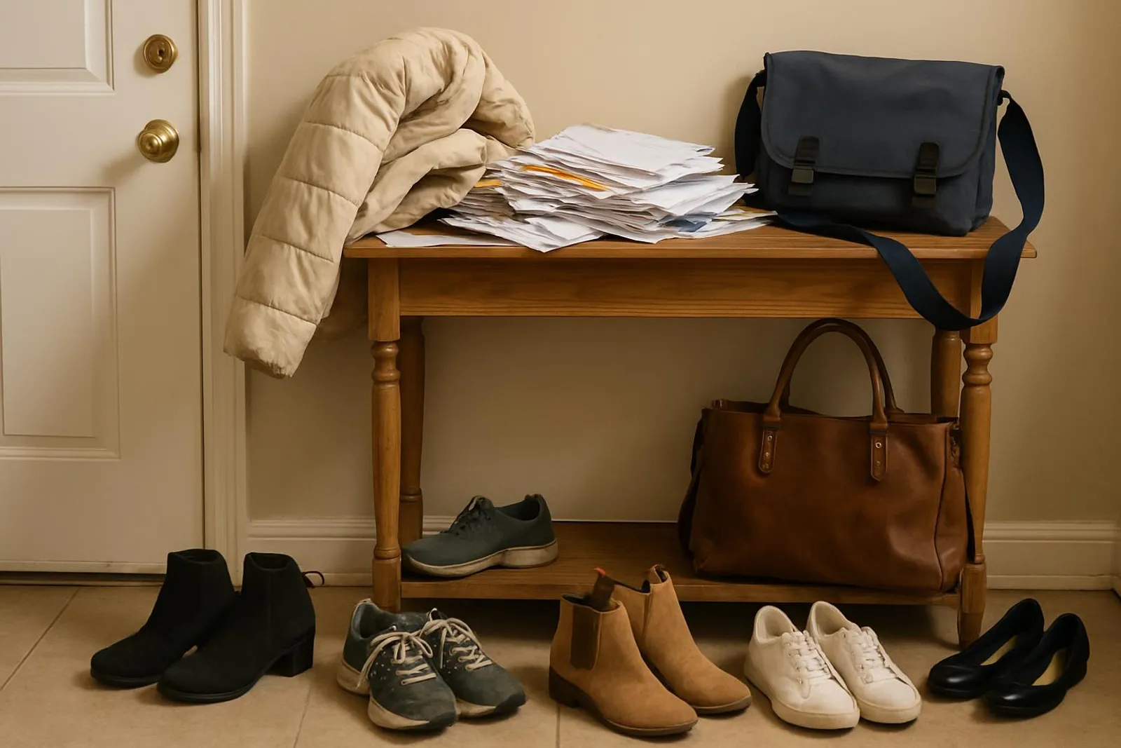 Cluttered entryway with shoes, bags, and scattered mail on a console table