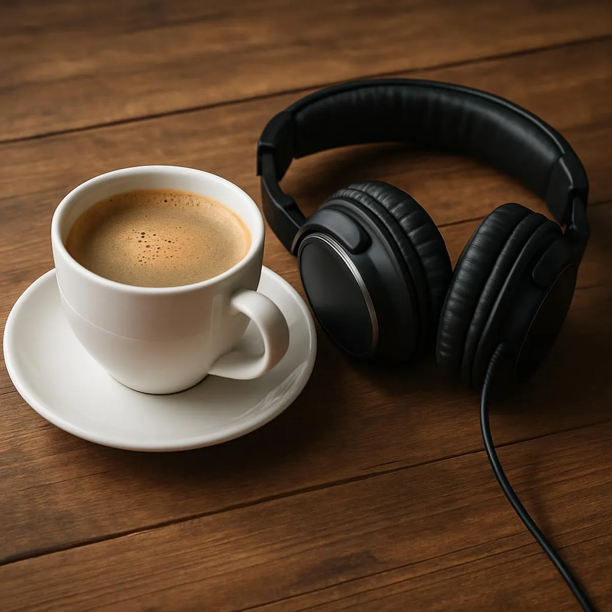 Coffee and headphones on a wooden table for focused work
