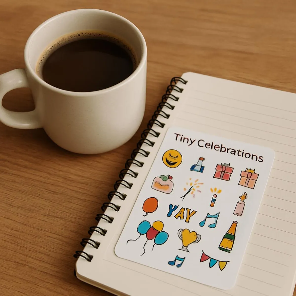 Coffee mug and notebook with a small sticker sheet for tiny celebrations
