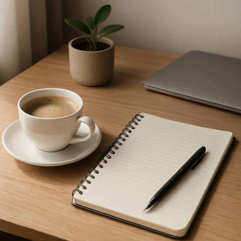 Coffee, notebook, and a peaceful desk setup