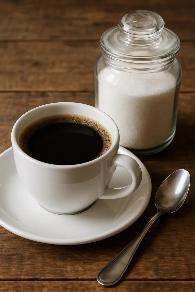 Coffee with reusable metal spoon and sugar jar