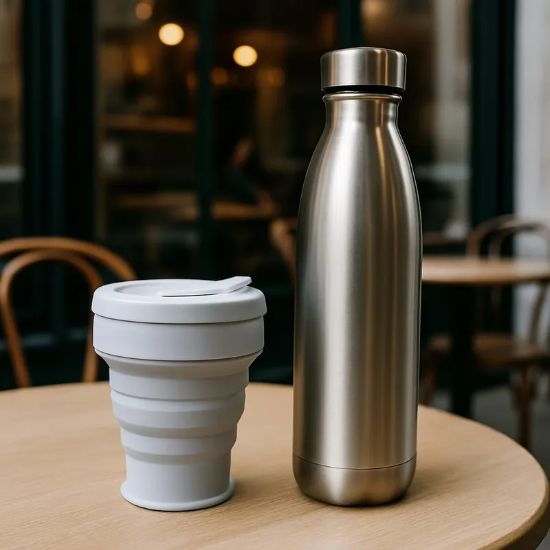 Collapsible cup and metal reusable water bottle on a café table