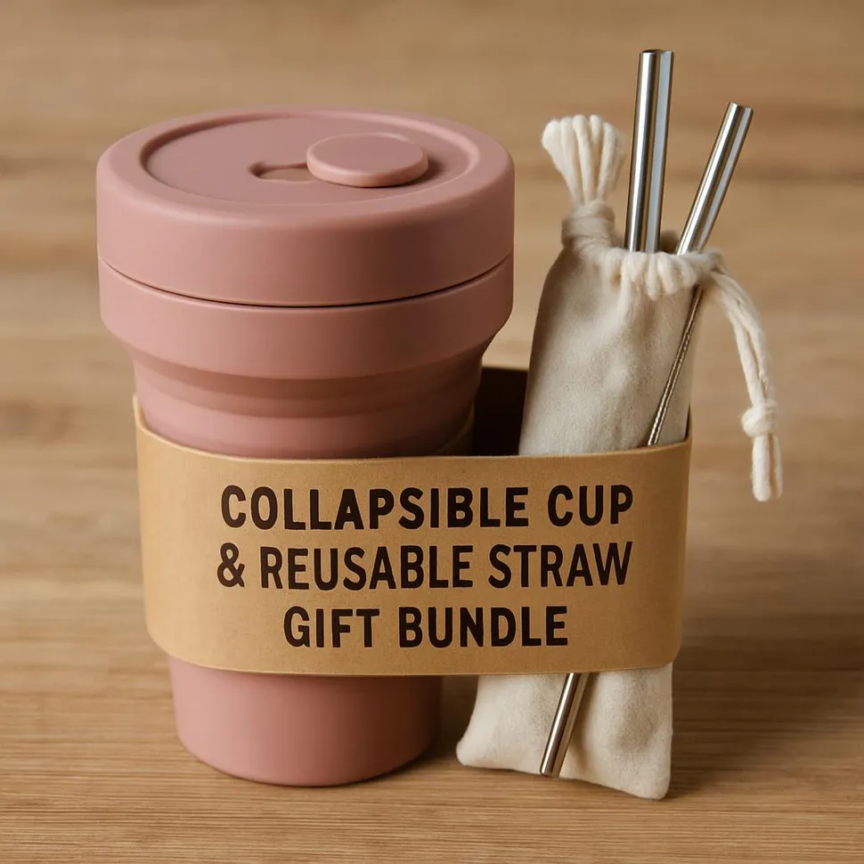 Collapsible cup and reusable straw gift bundle