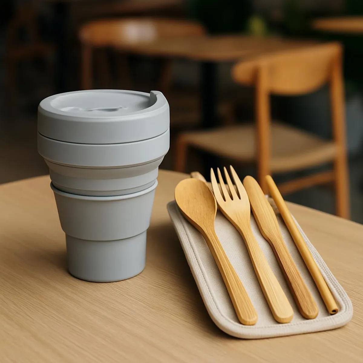 Collapsible cup and reusable utensils on a cafe table