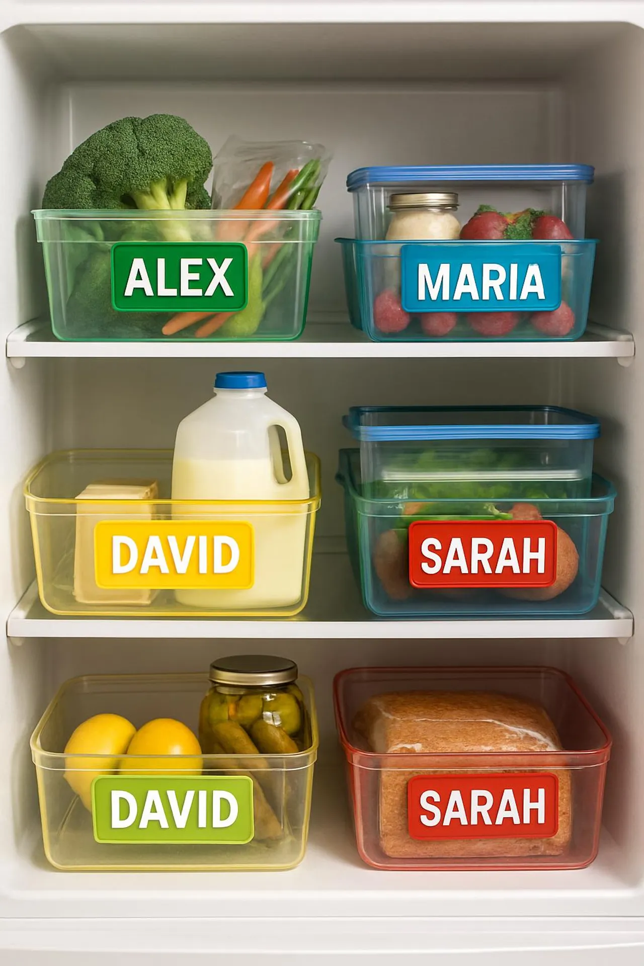 Color-coded and labeled fridge bins for a shared household.
