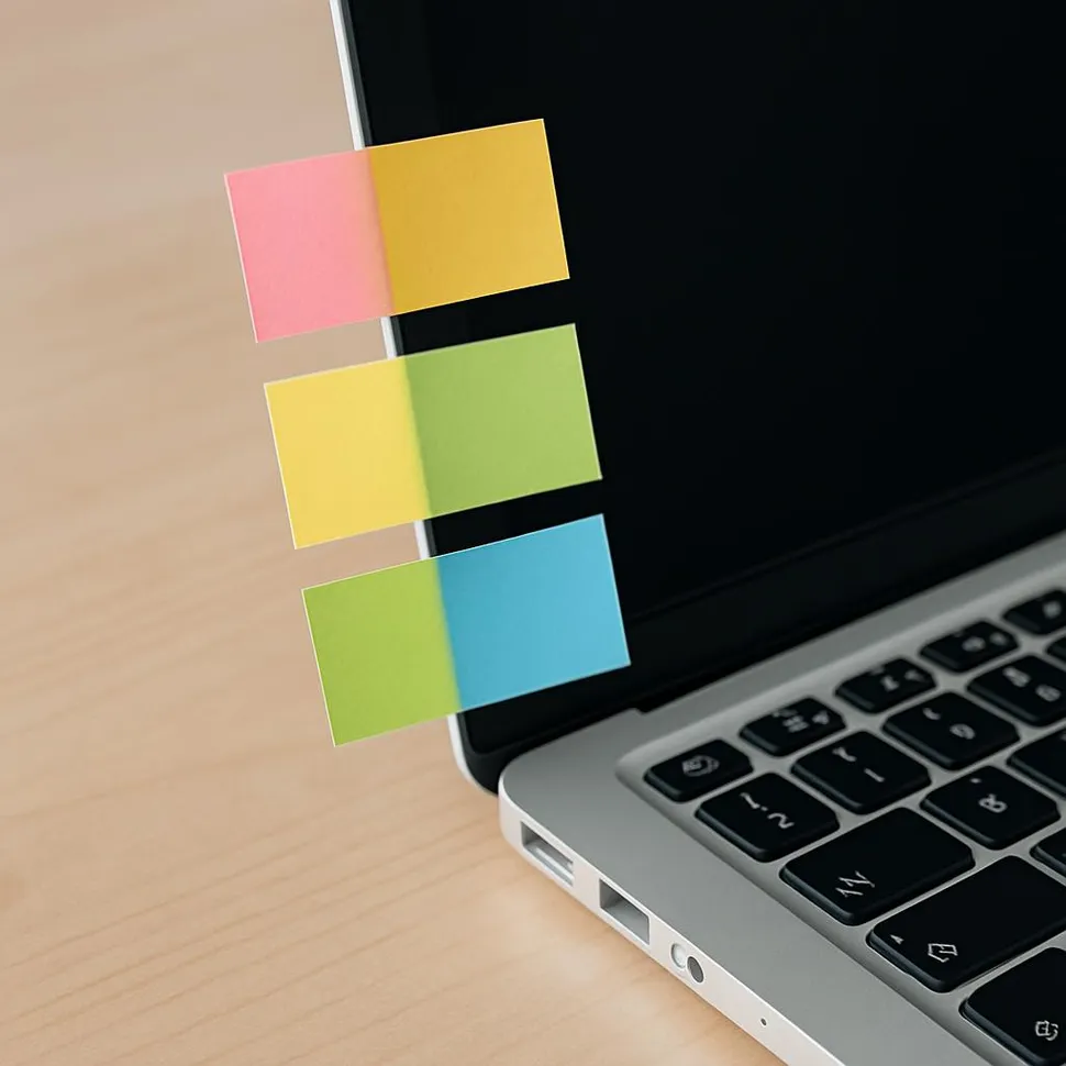 Color-coded sticky notes on a laptop edge