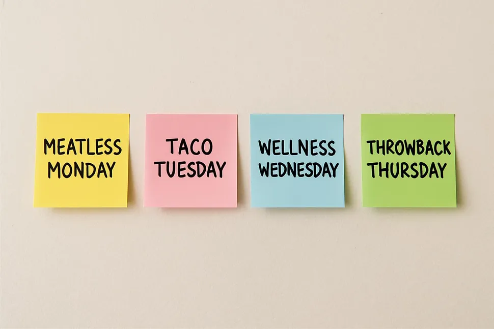 Color-coded sticky notes representing themed days on a wall