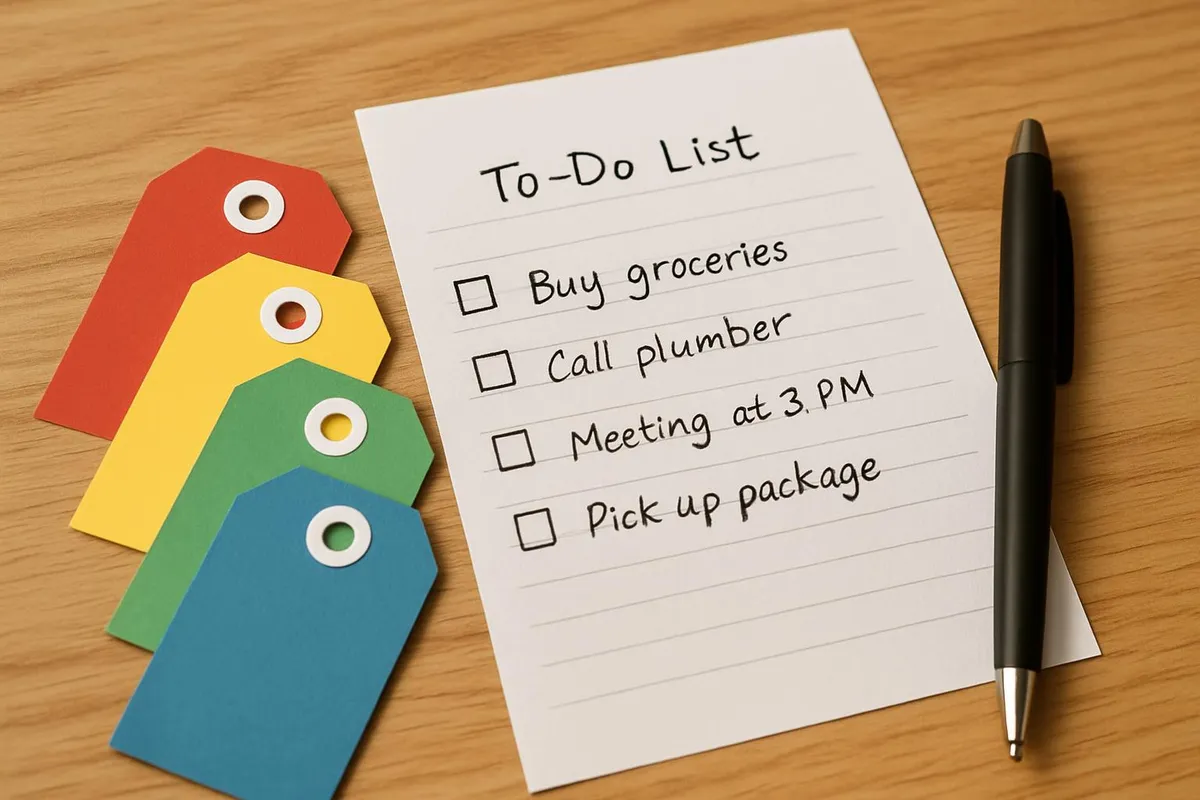 Color-coded tags and a pen next to a neatly written list