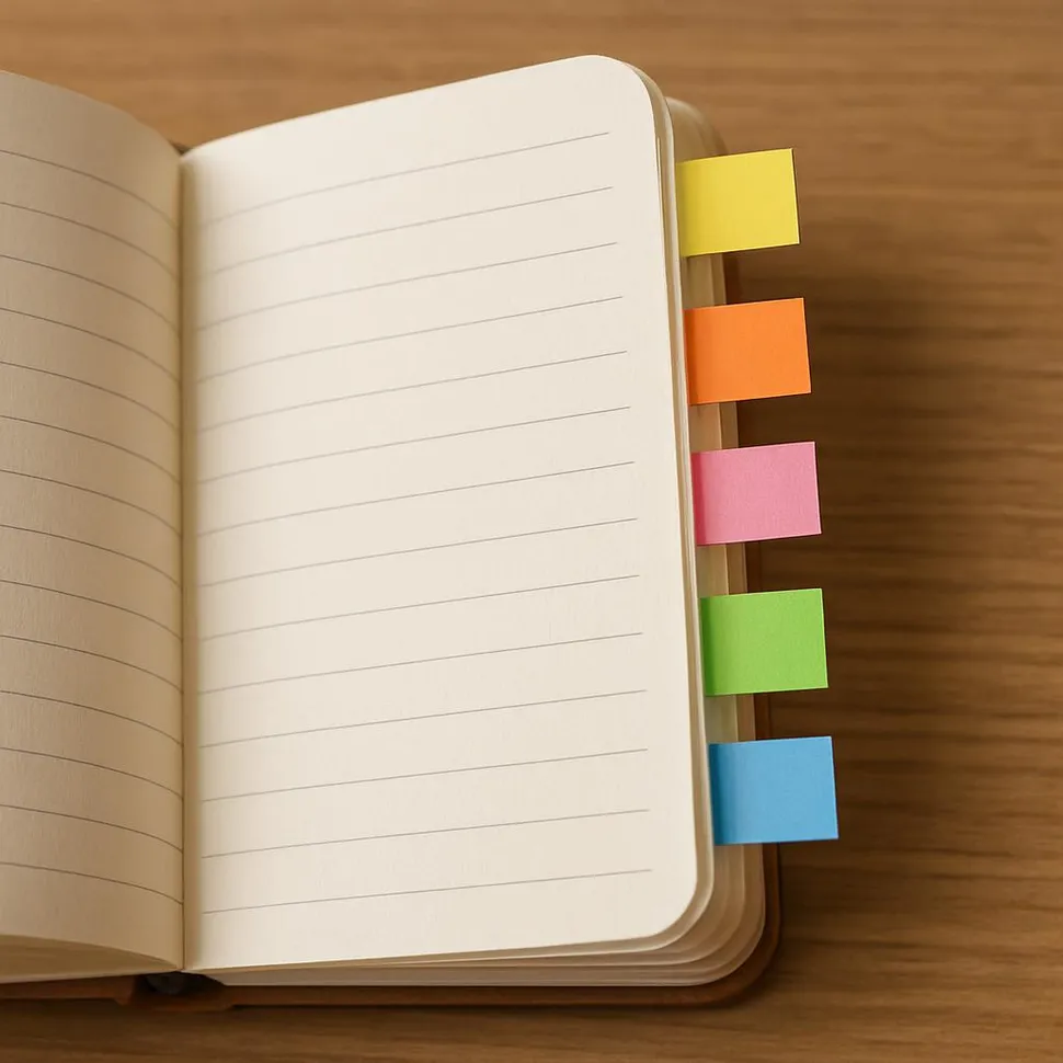 Color sticky tabs marking sections in a small notebook.