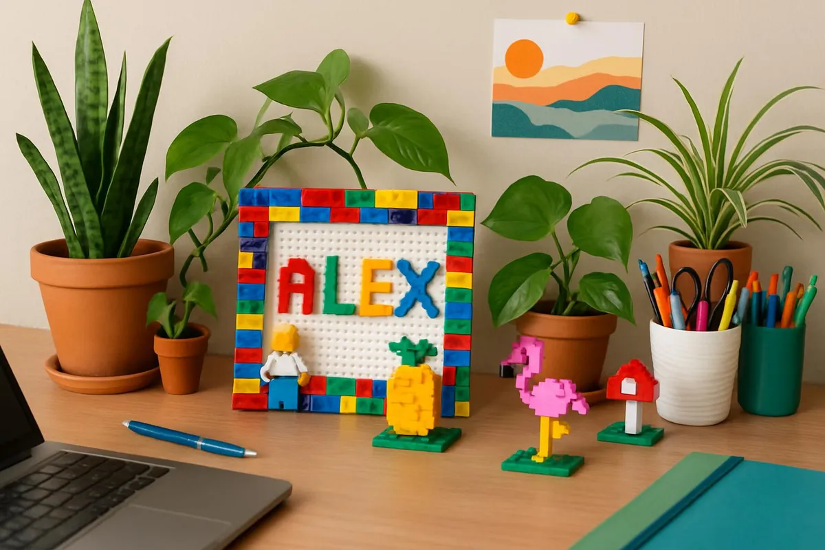 Colorful and personalized desk space with LEGO decor and plants