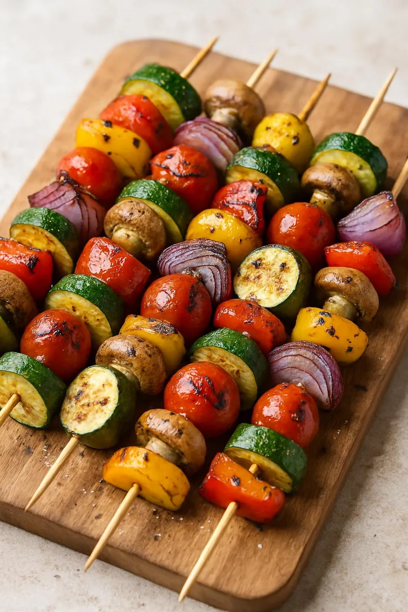 Colorful grilled veggie skewers on a wooden board