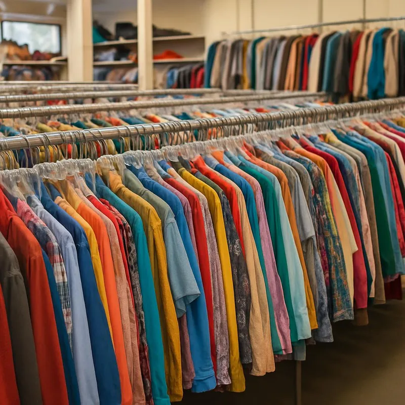 Colorful racks of secondhand clothes in a thrift shop