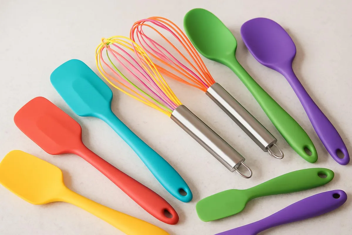 Colorful silicone kitchen utensils including spatulas and whisks arranged on a kitchen counter