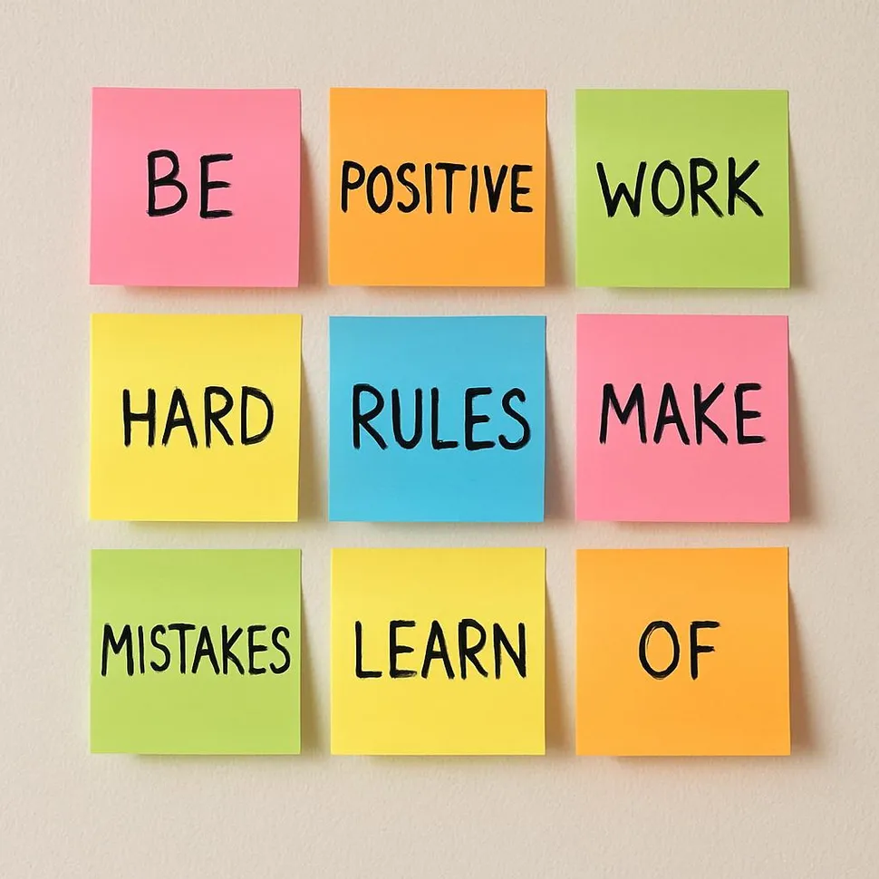 Colorful sticky notes on a wall forming a simple ruleset