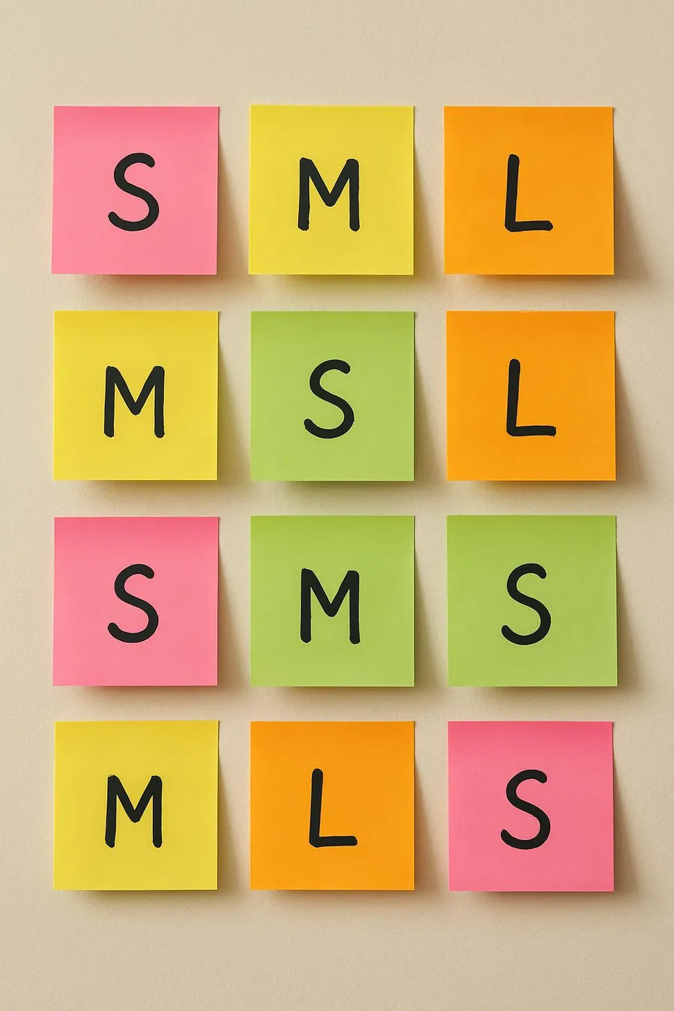 Colorful sticky notes on a wall to represent task sizing