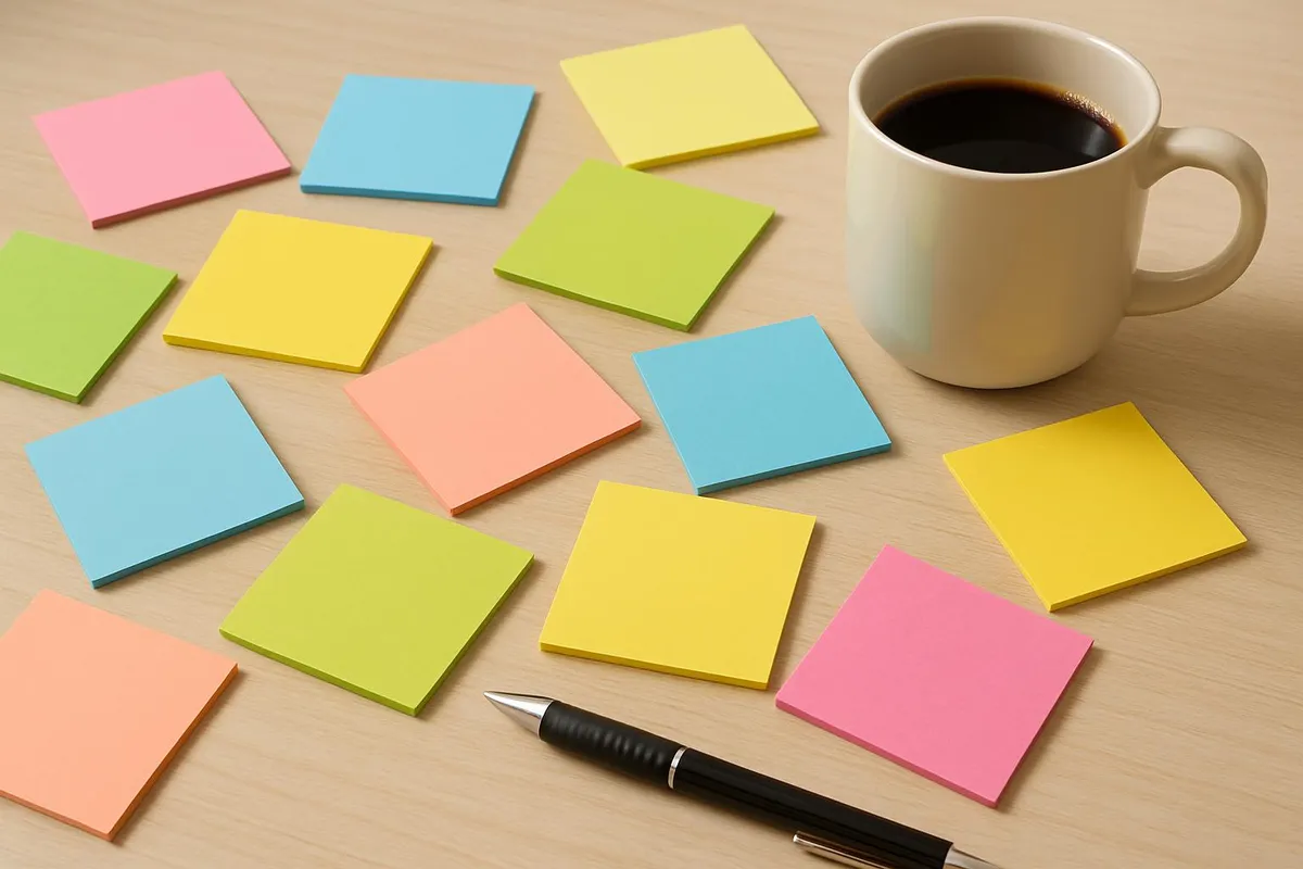 Colorful sticky notes scattered on a desk with a coffee mug and a pen