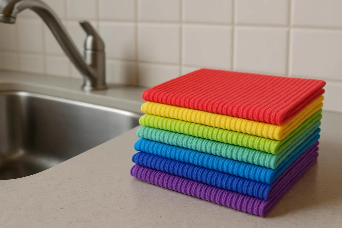 Colorful Swedish dishcloths stacked neatly beside a kitchen sink