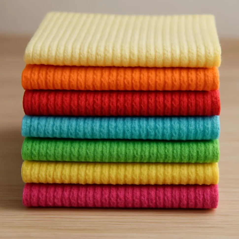 Colorful Swedish dishcloths stacked neatly