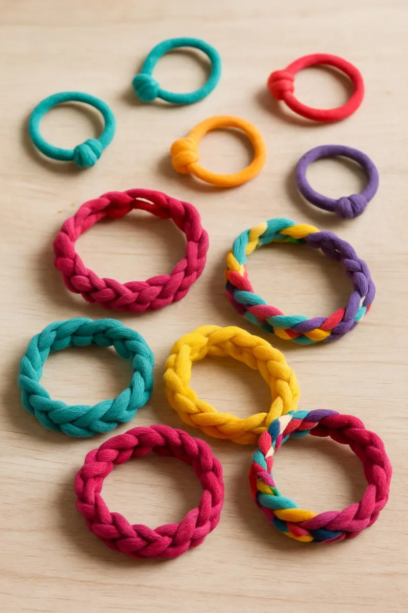 Colorful t-shirt yarn bracelets and hair ties DIY