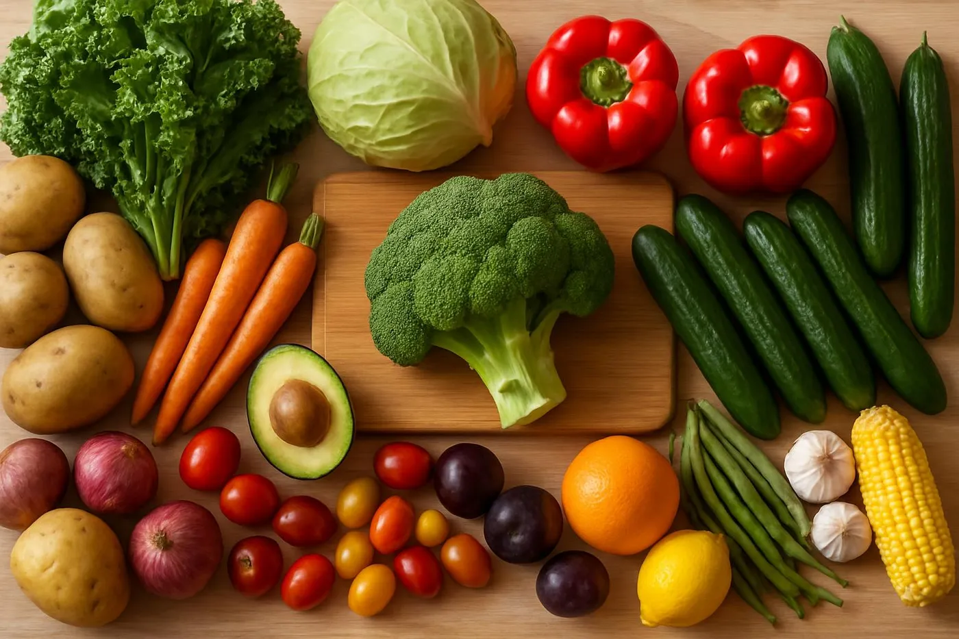 Colorful vegetables and fruits displayed beautifully on a table, ready for prep