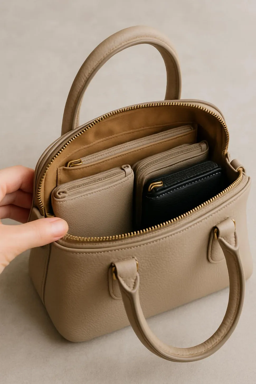Compact handbag with small organized pouches