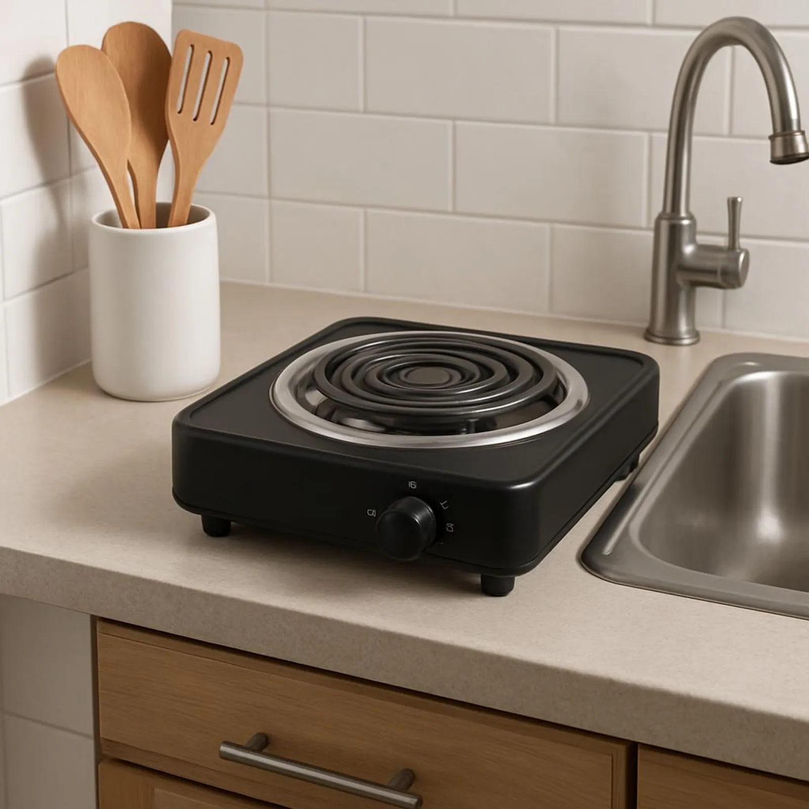 Compact portable cooktop on a small kitchen counter