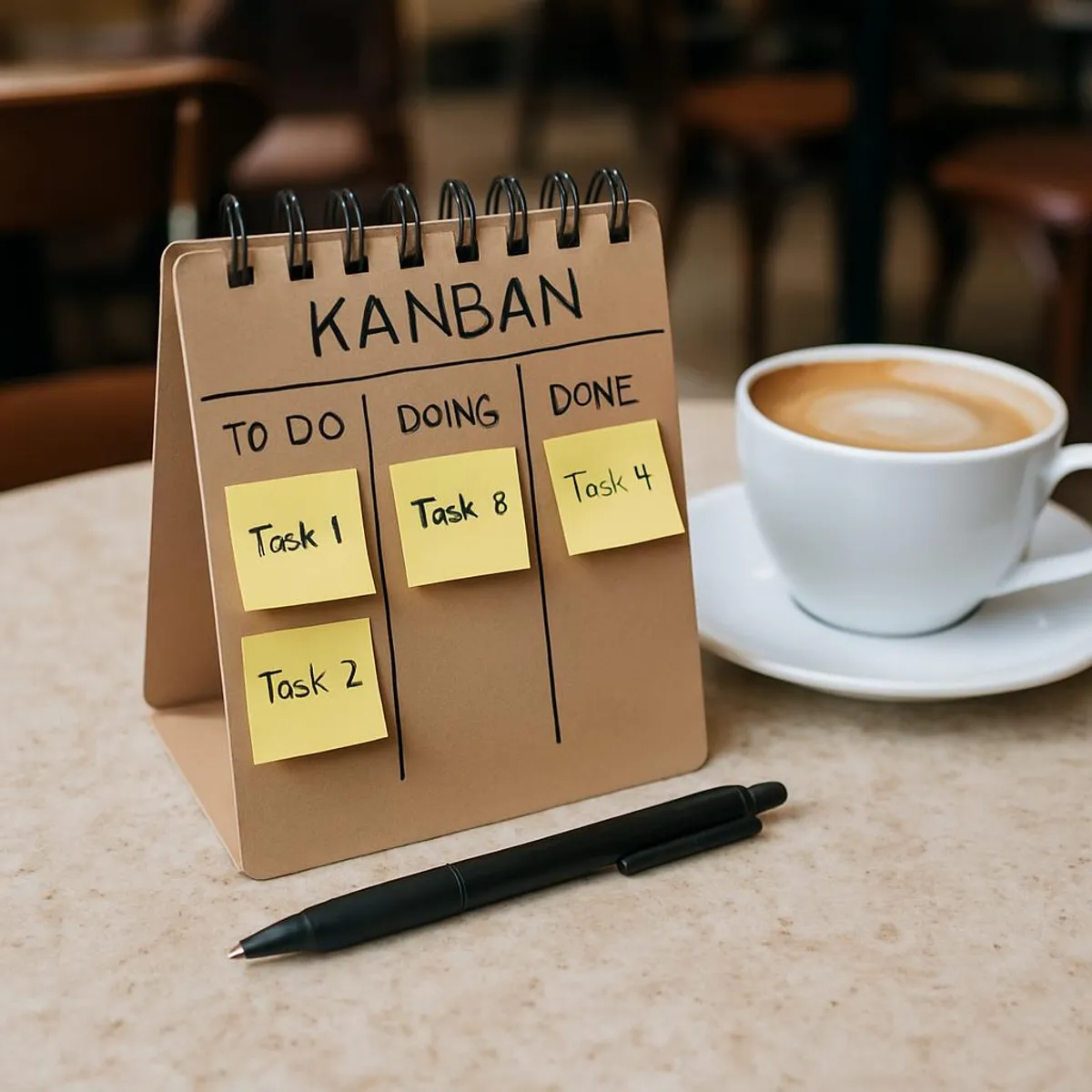 Compact travel Kanban setup on a café table