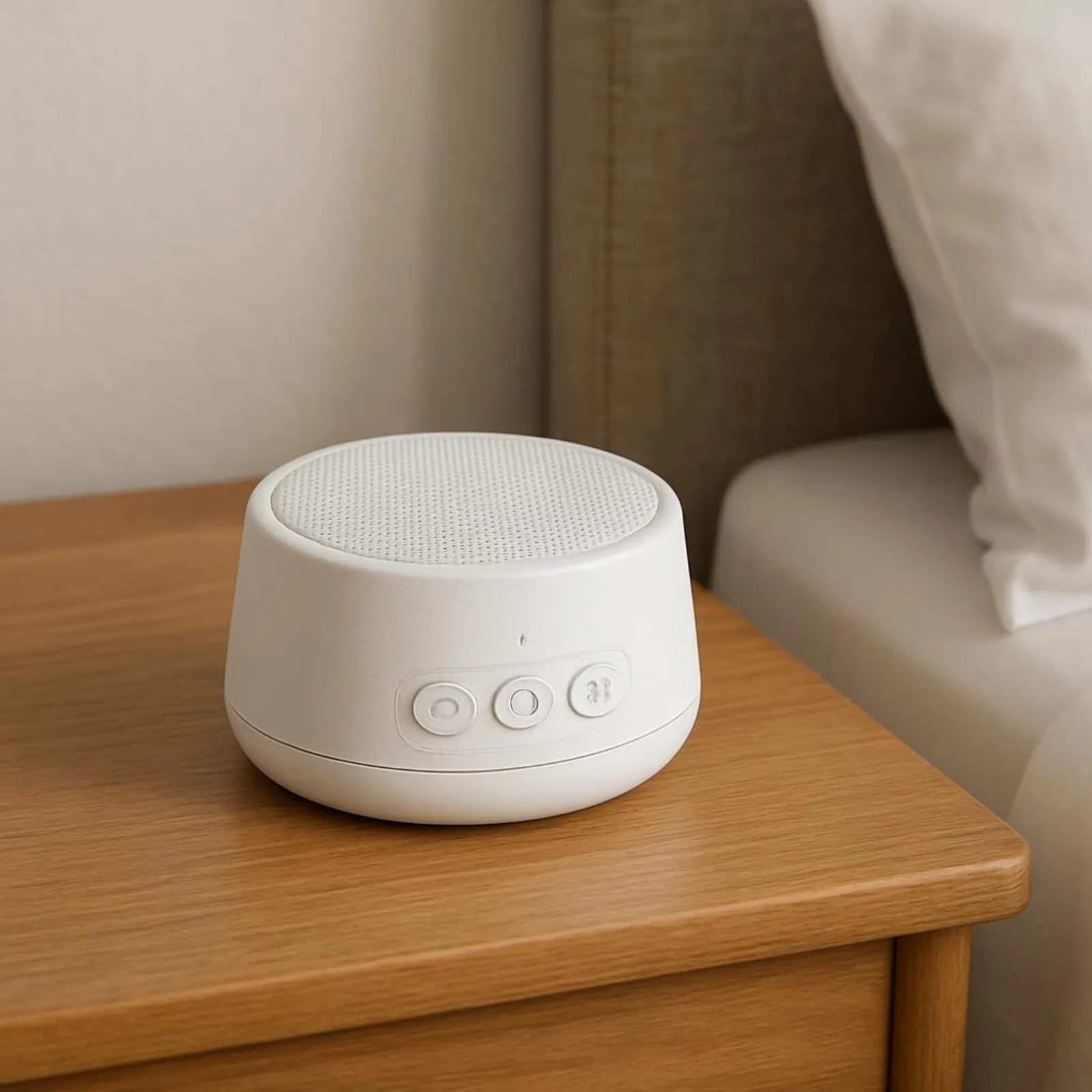 Compact white noise machine on a nightstand