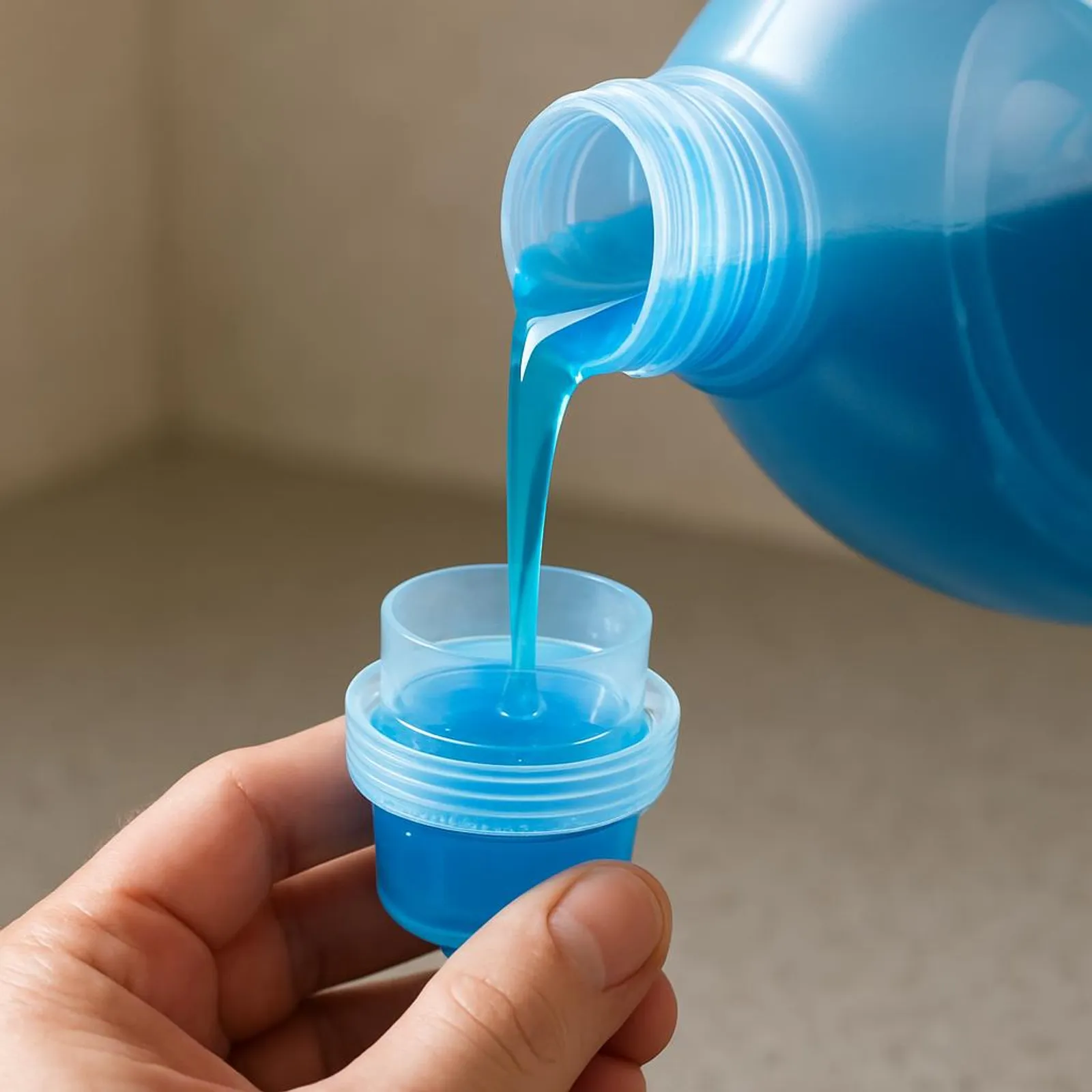 Concentrated liquid detergent being poured into a small measuring cap.