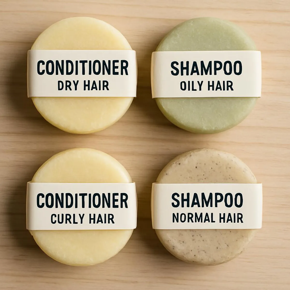 Conditioner and shampoo bars labeled for different hair types
