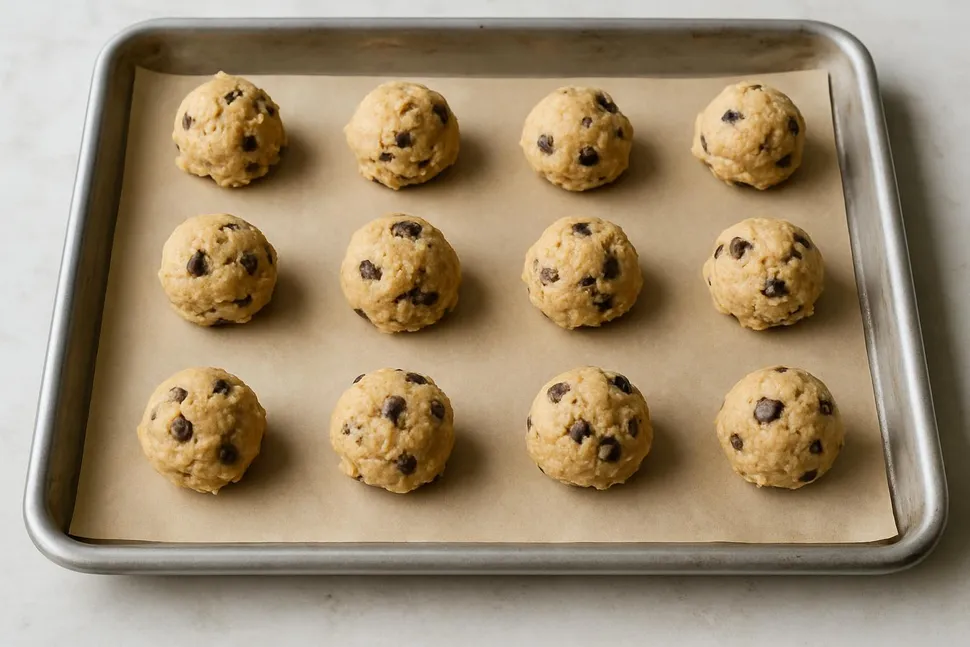 Cookie dough balls spaced on a sheet pan for pre-freezing