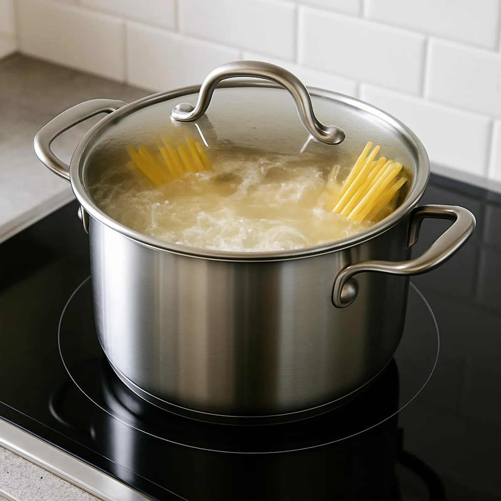 Cooking pasta in a stainless pot with lid on a cooktop